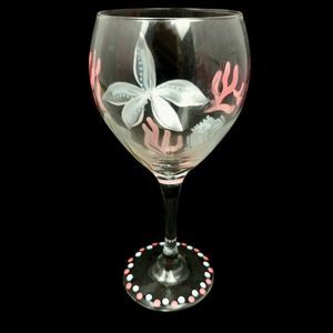 Hand Painted Stemmed Wine Glass Tropical Ocean Floral Beach Signed 8.5"